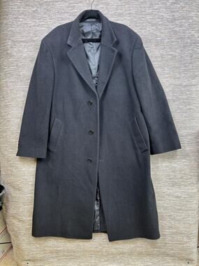 Cashmere Blend Coat Mens Sz 44 Black Single Breasted Long Lined Overcoat Winter